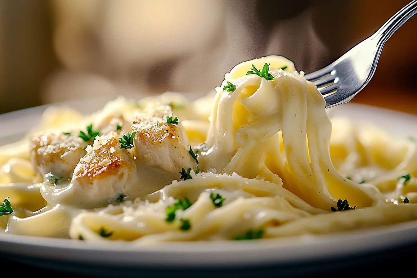 A plate of Chicken Alfredo Pasta with creamy fettuccine, seared chicken slices, and parsley garnish, with a fork lifting a portion of pasta.