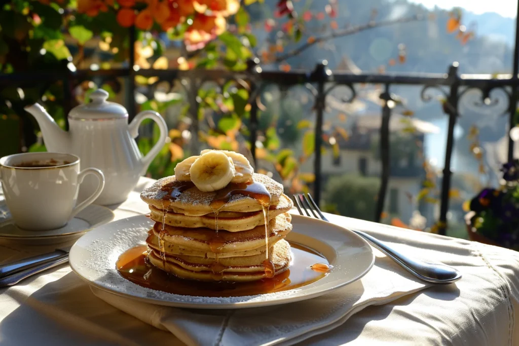 A side view of a stack of banana pancakes on a balcony table, with sunlight highlighting the syrup drizzling down the pancakes and a blurred garden view in the background