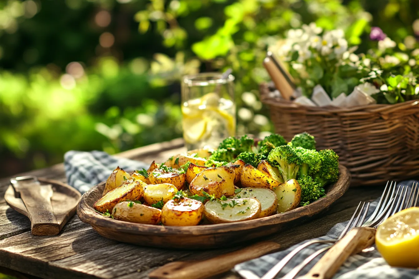 An outdoor garden scene with a rustic wooden table set for a casual picnic. A central platter holds roasted potatoes and steamed broccoli garnished with herbs, while nearby elements like a basket of fresh produce and a lemon water glass complete the natural, wholesome vibe.