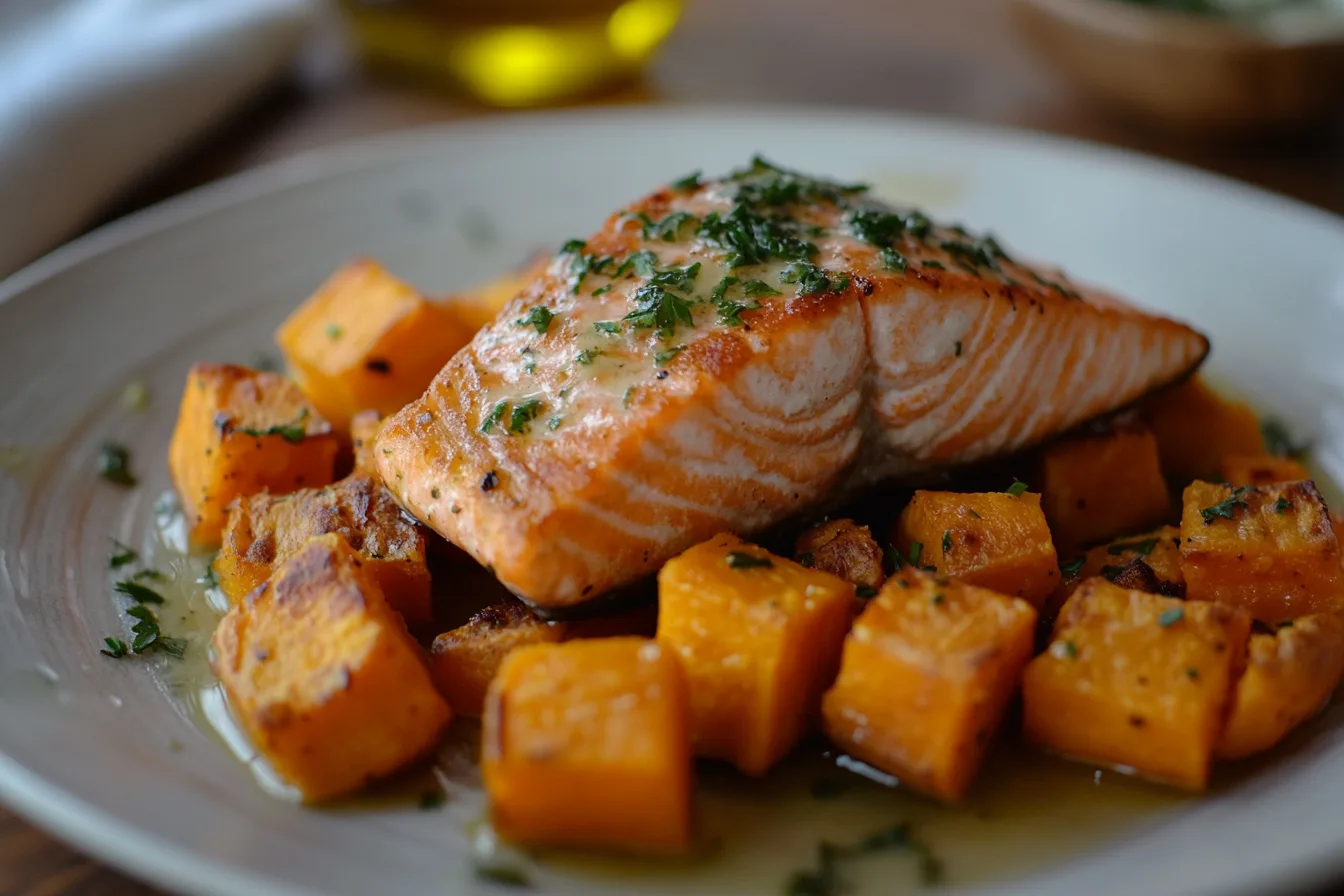 A vibrant bowl-style meal featuring chunks of salmon and sweet potatoes arranged over a bed of quinoa and spinach. Topped with avocado slices, a sprinkle of sesame seeds, and a drizzle of a creamy tahini dressing. The bowl is placed on a marble countertop with a glass of lemon water nearby.