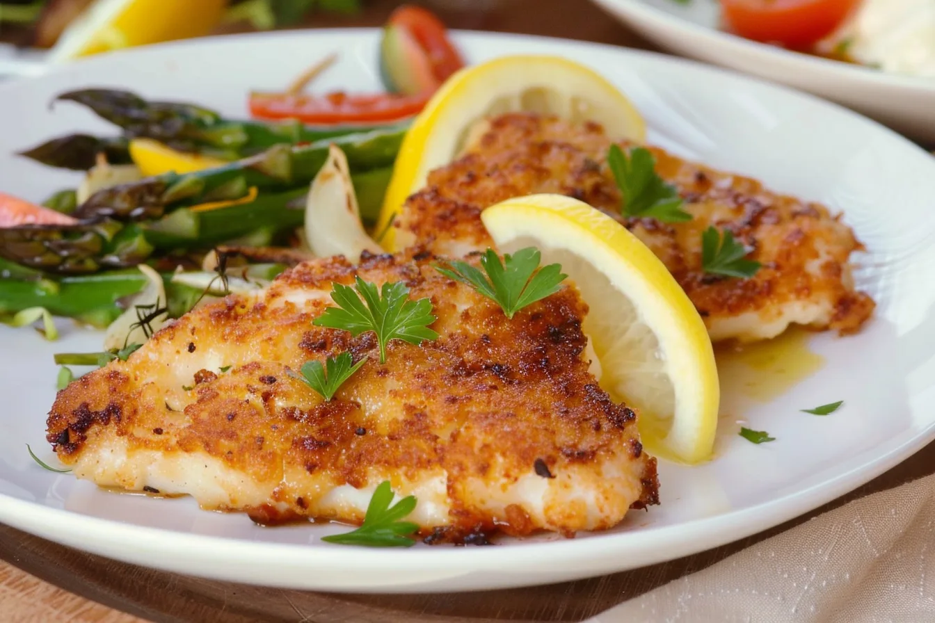 A plate of golden pan-seared calamari steaks drizzled with lemon butter sauce, garnished with fresh parsley, served alongside roasted asparagus and a dollop of creamy aioli.