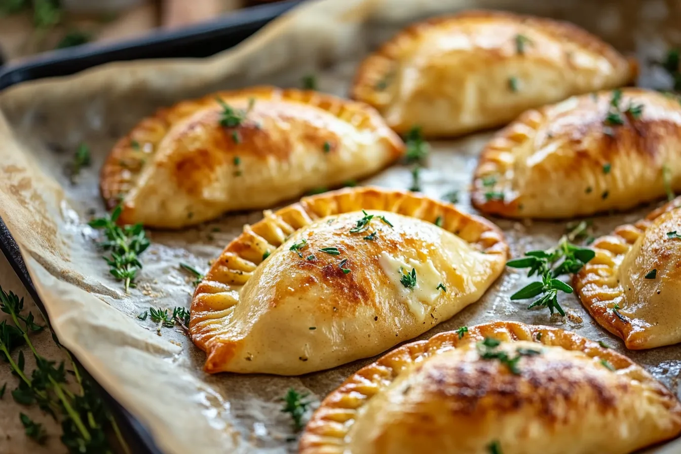 Golden-brown baked pierogies with crispy edges on a baking sheet, garnished with fresh herbs, in a cozy kitchen setting.