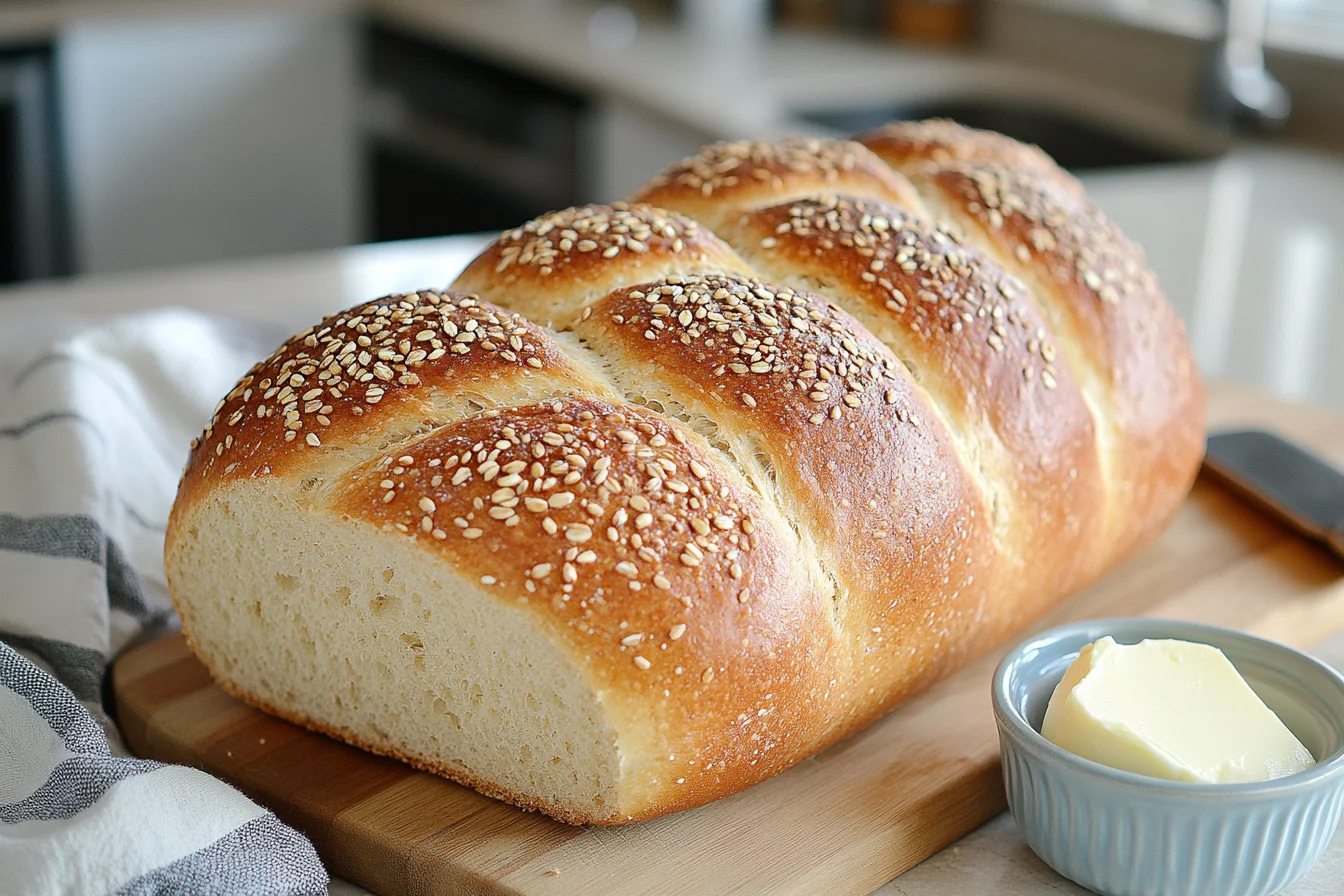 A dome-shaped wheat berry bread loaf with a textured, golden crust, resting on a natural wood cutting board in a real-life, homey kitchen. The bread features delicate scoring patterns and visible wheat berries embedded in the crust. Surrounding the bread are everyday kitchen items: a butter knife, a small ceramic bowl of softened butter, and a kitchen towel draped casually on the counter. The background shows a lived-in kitchen with a sink, a few clean dishes drying on a rack, and a window letting in natural daylight, creating a warm, authentic atmosphere