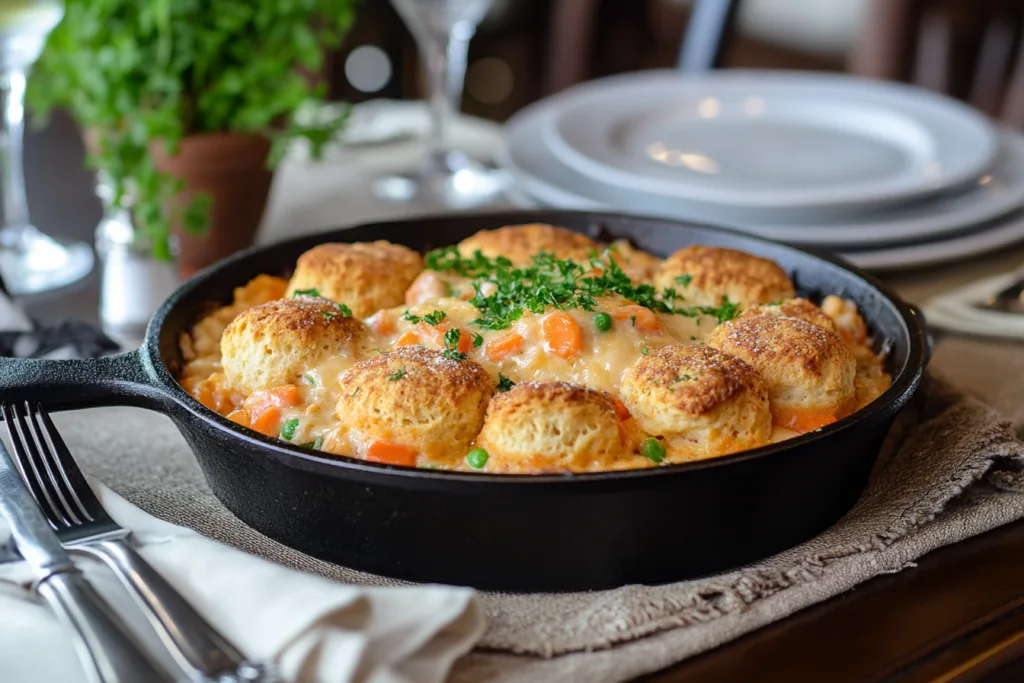 Golden-brown chicken cobbler topped with 8 Red Lobster Cheddar Bay Biscuits, garnished with fresh parsley in a black cast iron skillet, served on a dining table with plates and silverware.