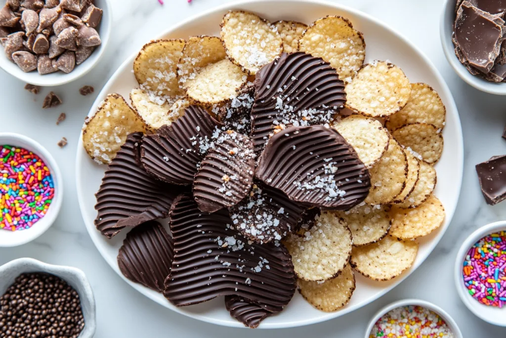 Wavy, ridged potato chips half-dipped in dark chocolate and sprinkled with sea salt, arranged on a white platter with bowls of sprinkles, chocolate chips, and chocolate pieces on the side.