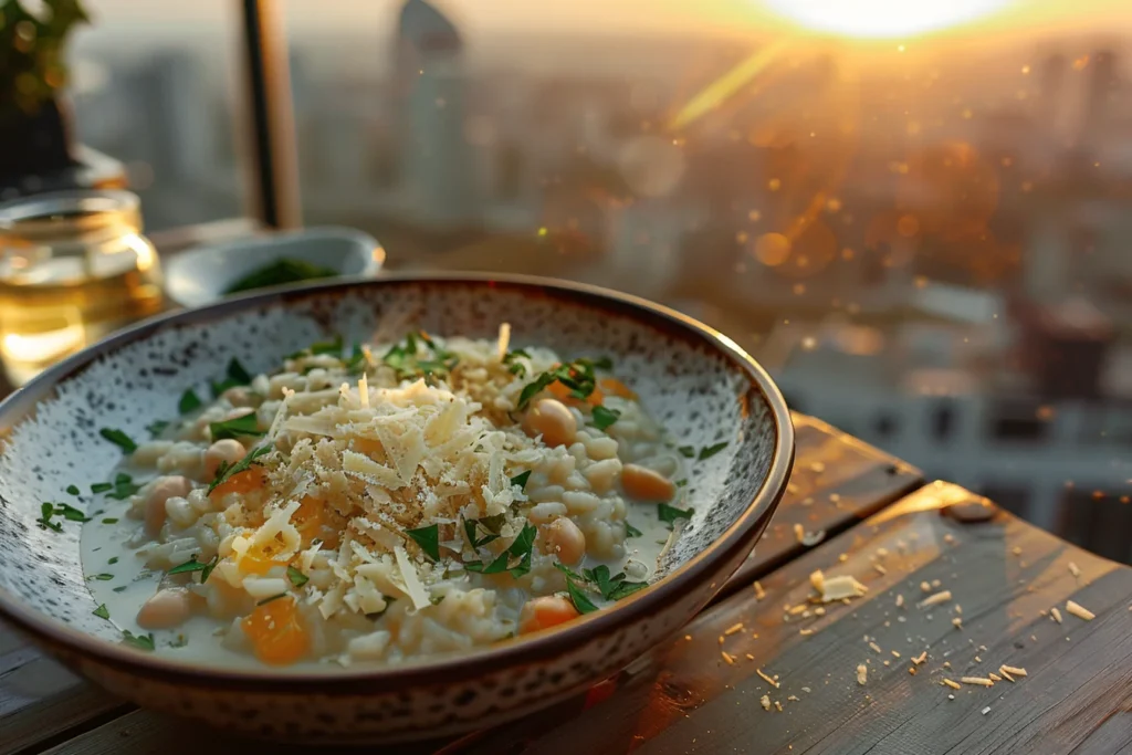 A close-up view of the creamy risotto on the balcony table, with the beans and rice glistening in the evening light. The backdrop shows blurred city lights starting to glow as the sun sets.