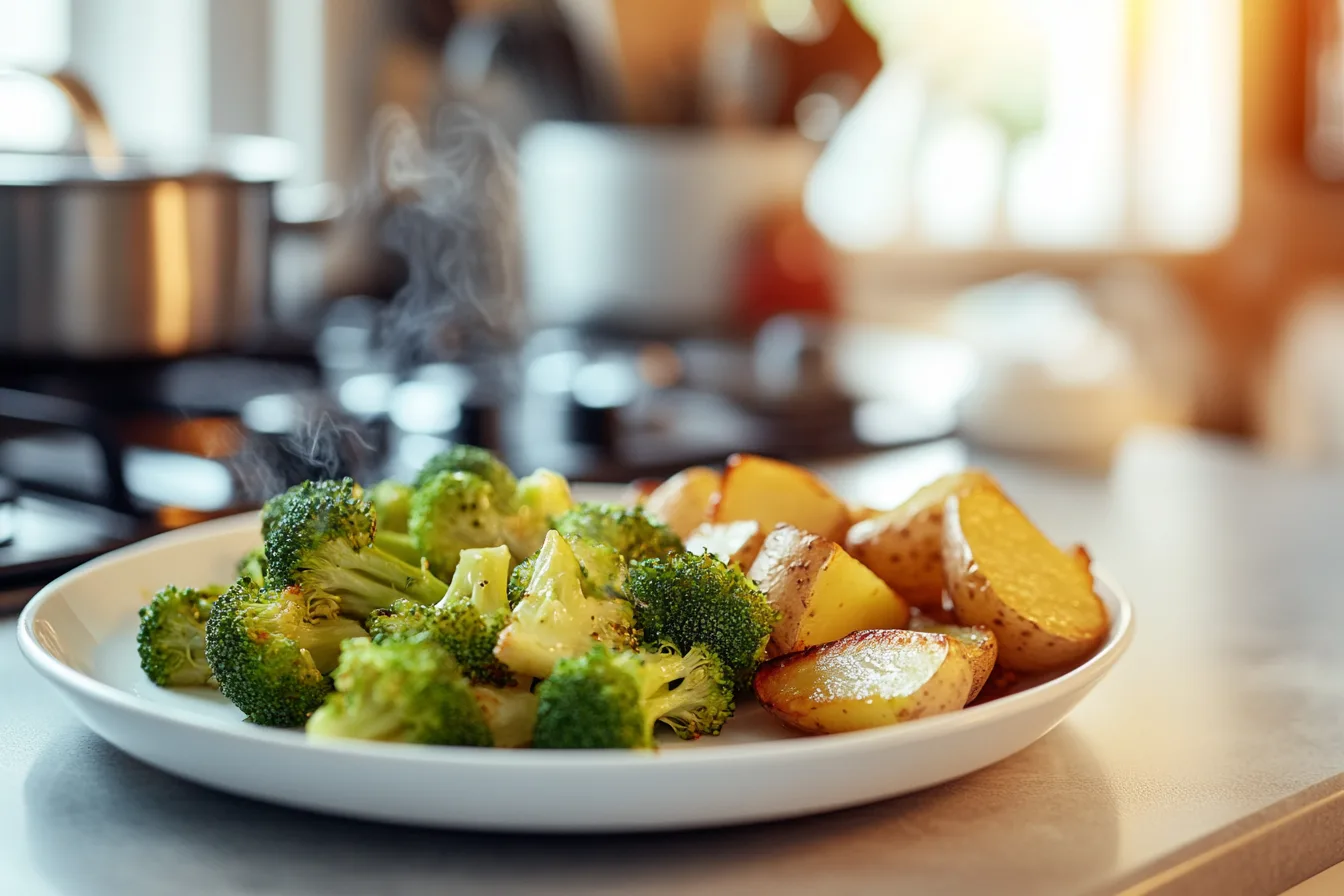 A side-by-side shot of broccoli and potato preparations—one showing broccoli steaming in a modern stainless steel steamer and the other showing potato wedges roasting in a sleek oven, with a bright and airy kitchen backdrop.