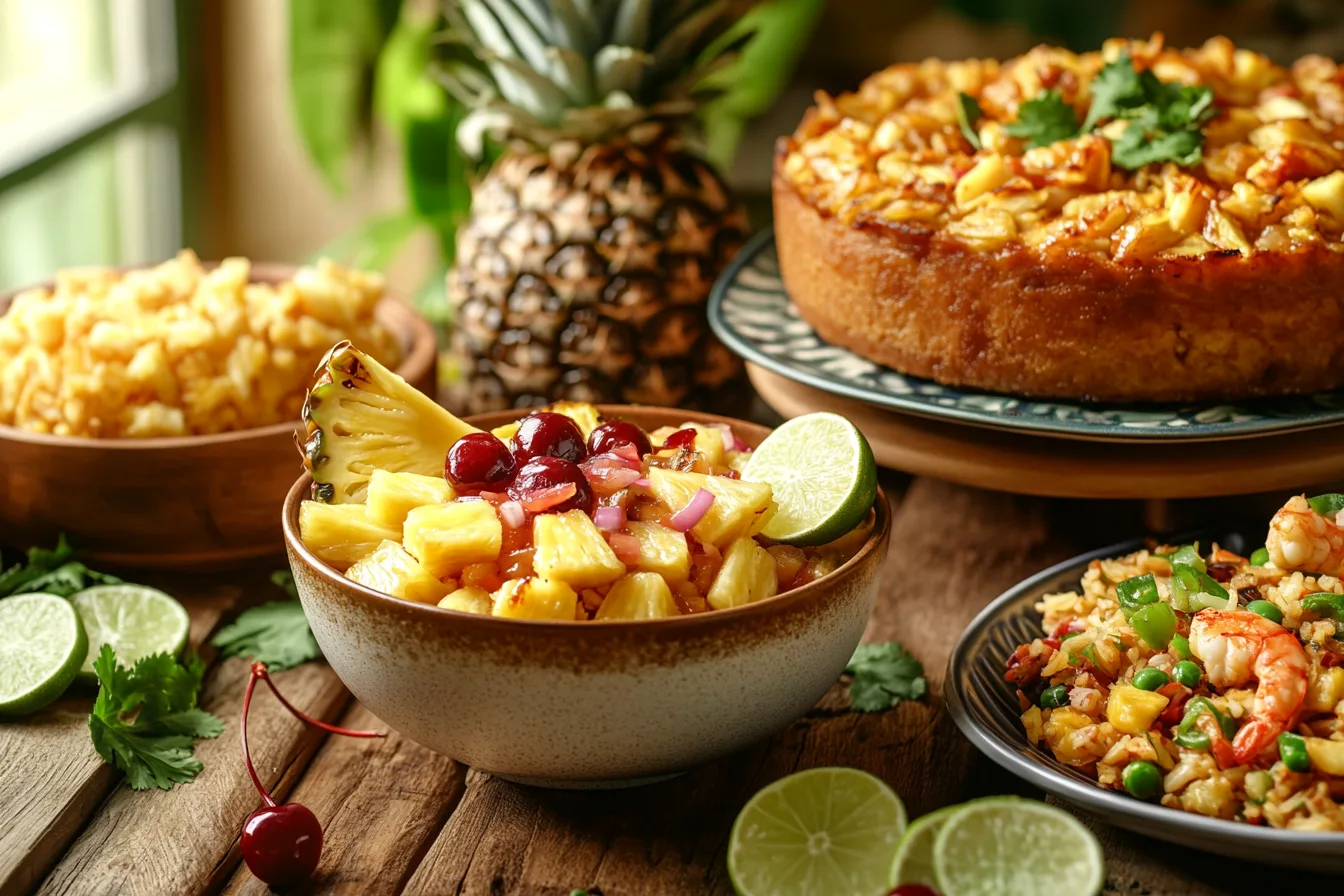 A kitchen table displaying three cooked pineapple dishes: vibrant grilled pineapple salsa with golden pineapple chunks, diced red onion, cilantro, jalapeño, and lime wedges in a bowl surrounded by tortilla chips; a caramelized pineapple upside-down cake with glistening pineapple rings and cherries on a wooden cake stand; and a plate of pineapple fried rice with sautéed pineapple chunks, vegetables, and shrimp. Fresh pineapples, herbs, and cooking utensils are scattered around, with warm natural light streaming in, creating a tropical and inviting atmosphere." This alt text is descriptive, incorporates key details, and includes the keyphrase "cooked pineapple" for SEO purposes.