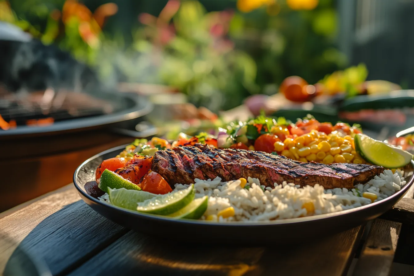 A backyard barbecue scene featuring a grilled steak and rice bowl with smoky steak slices, fluffy rice, and fresh toppings like avocado, cherry tomatoes, roasted corn, red onion, cilantro, and lime wedges, with a grill in the background.