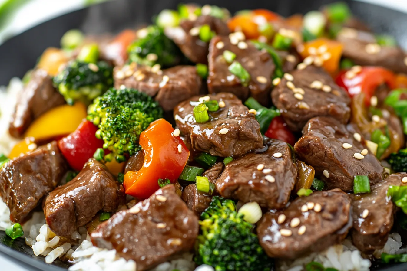 A colorful beef liver stir-fry featuring tender slices of beef liver, red and green bell peppers, broccoli florets, and julienned carrots, garnished with sesame seeds and green onions. The dish is served in a black wok with a side of steamed rice, highlighted by natural light that accentuates the vibrant colors and glossy textures.