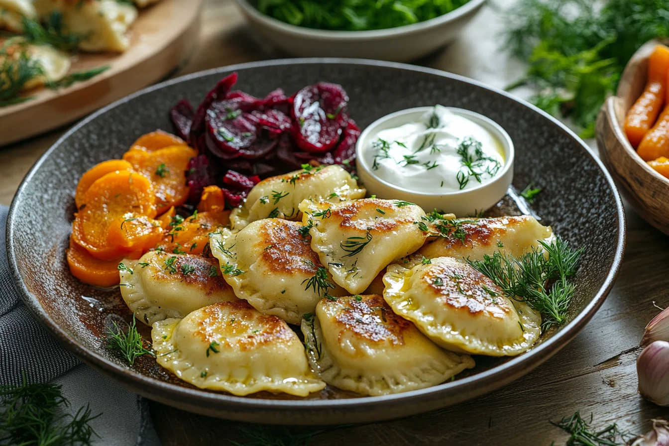 A plate of golden sautéed perogies with caramelized onions, garnished with parsley, served alongside sour cream, roasted vegetables, and steamed greens.