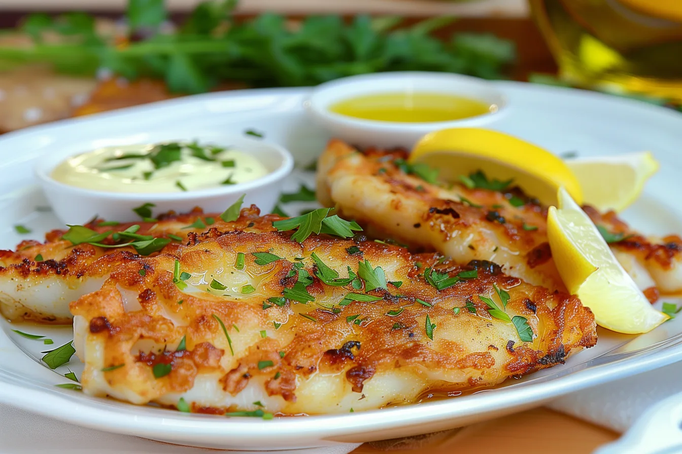 A pan-seared calamari steak resting on a ceramic plate, paired with a light herb garnish and lemon slices, set against a rustic kitchen background