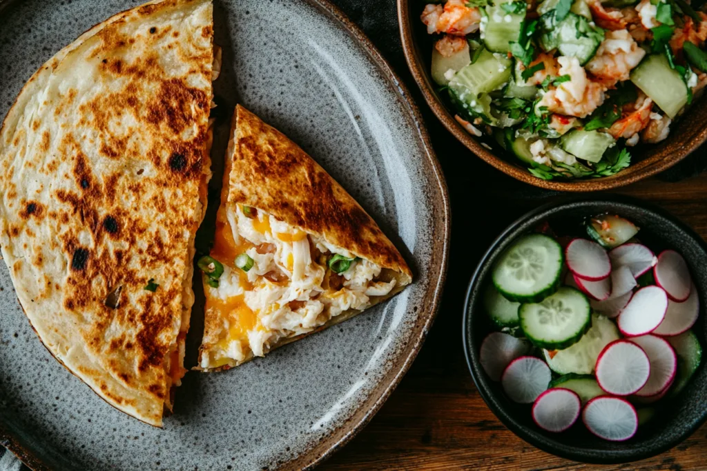 Crab quesadilla with melted cheese, a bowl of crab salad with cucumber and cilantro, and a side of sliced cucumbers and radishes on ceramic dishes.