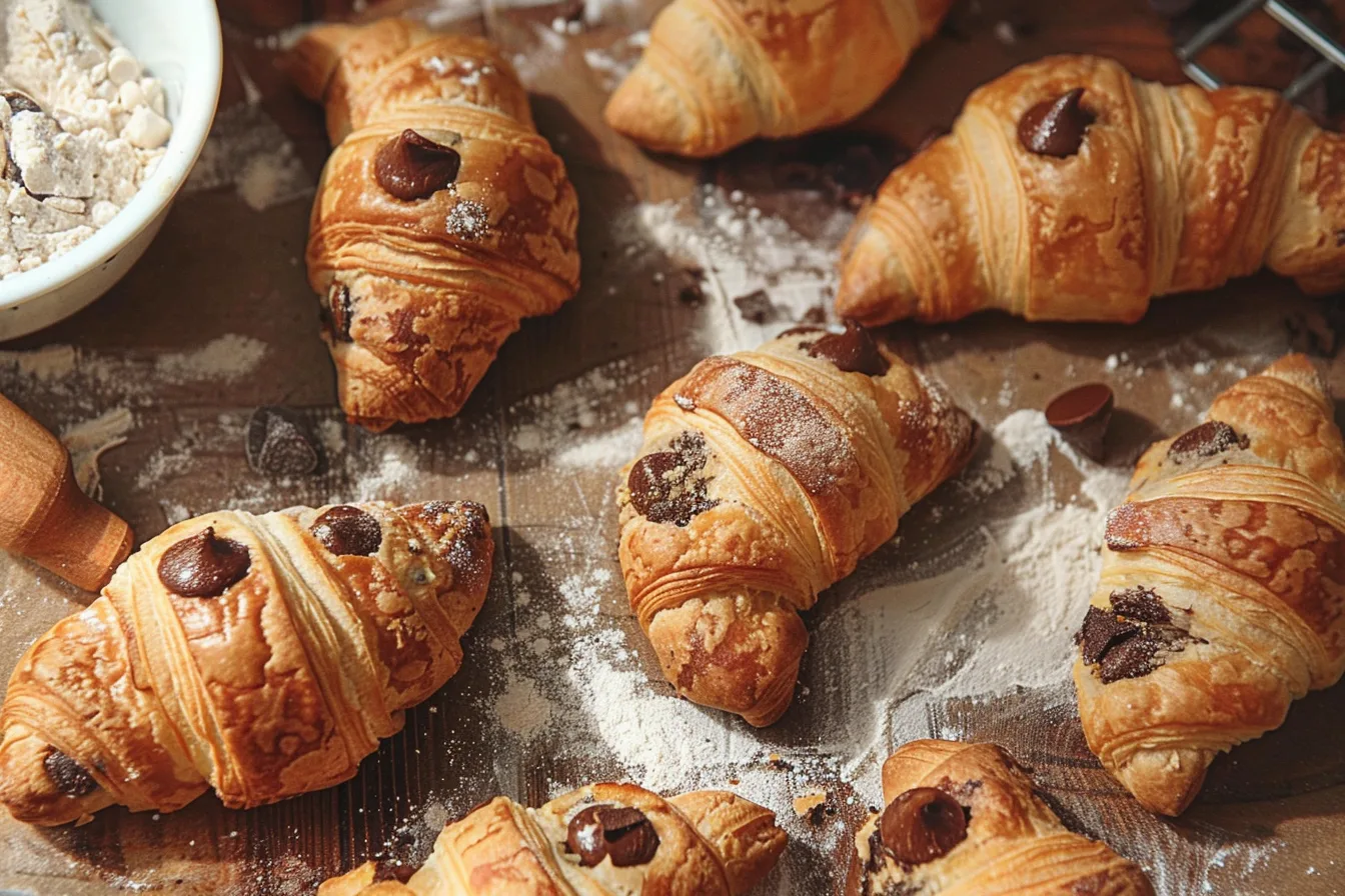 Freshly baked crookies with golden croissant layers and gooey chocolate chip cookie dough, placed on a rustic wooden counter with cookie dough ingredients nearby