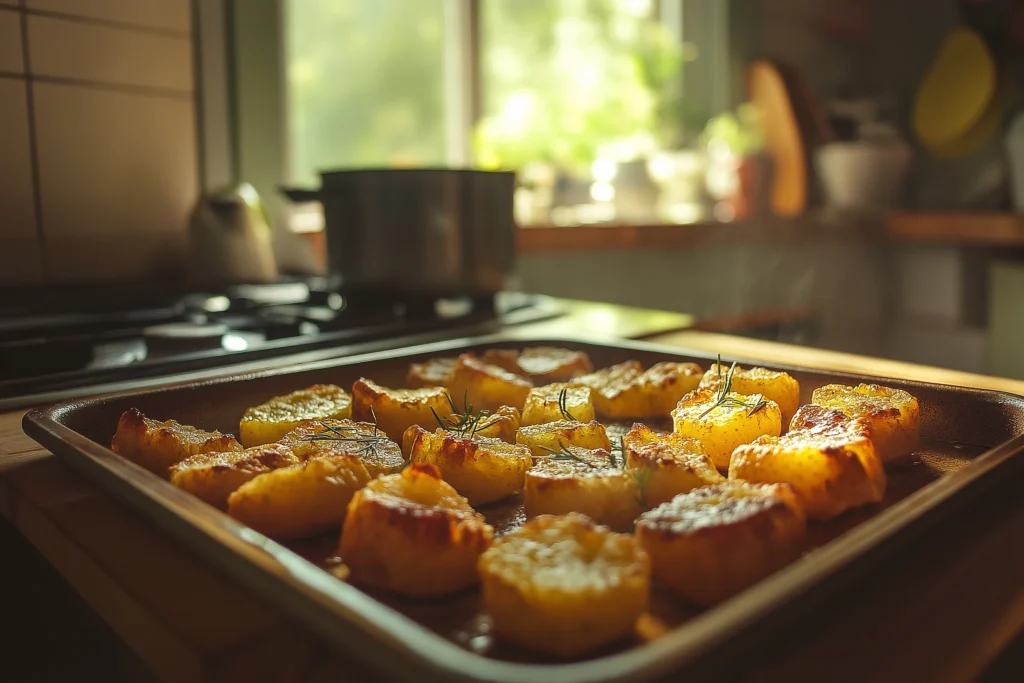 A close-up of a single roasted potato on a fork, showing the crispy, golden crust and the fluffy, tender interior. The background features a rustic wooden table with a serving dish filled with roasted potatoes and a sprig of fresh rosemary for garnish.