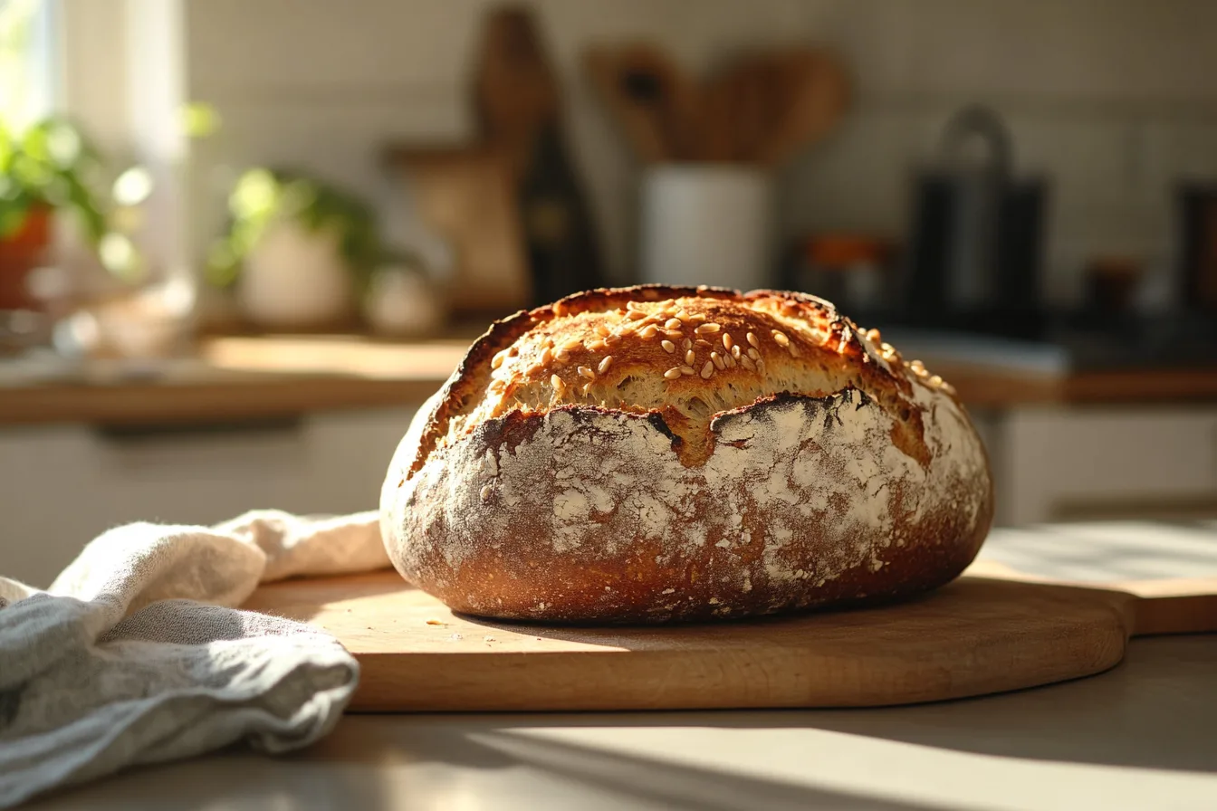 A freshly baked loaf of healthy wheat berry bread on a wooden cutting board in a bright kitchen, perfect for nutritious meals.