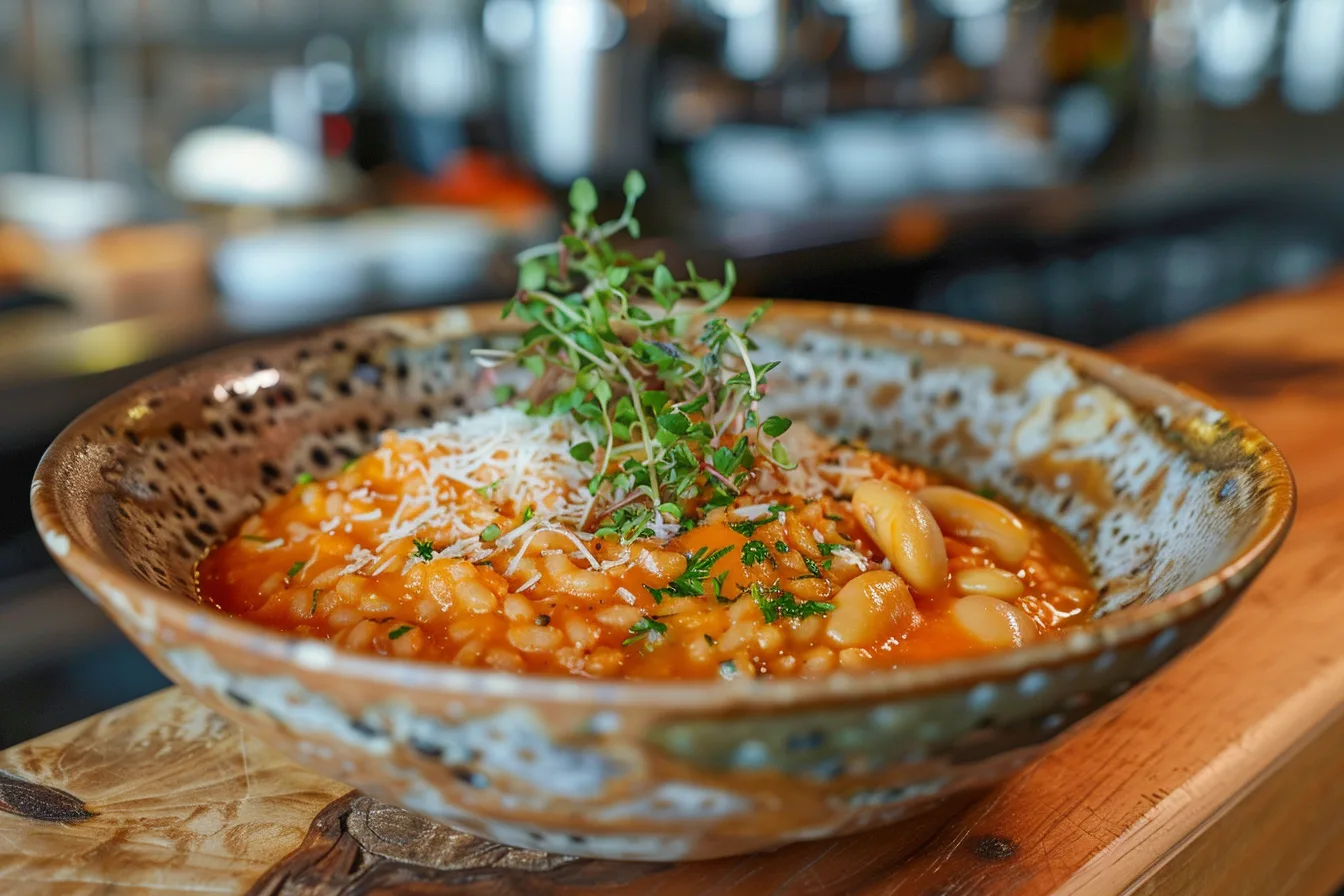 A close-up shot of a ceramic bowl filled with creamy pumpkin risotto and tender white beans. The rich golden-orange risotto is garnished with thyme leaves and Parmesan, highlighting its luxurious texture. The background features a rustic kitchen setting with soft, natural lighting to enhance the cozy vibe.