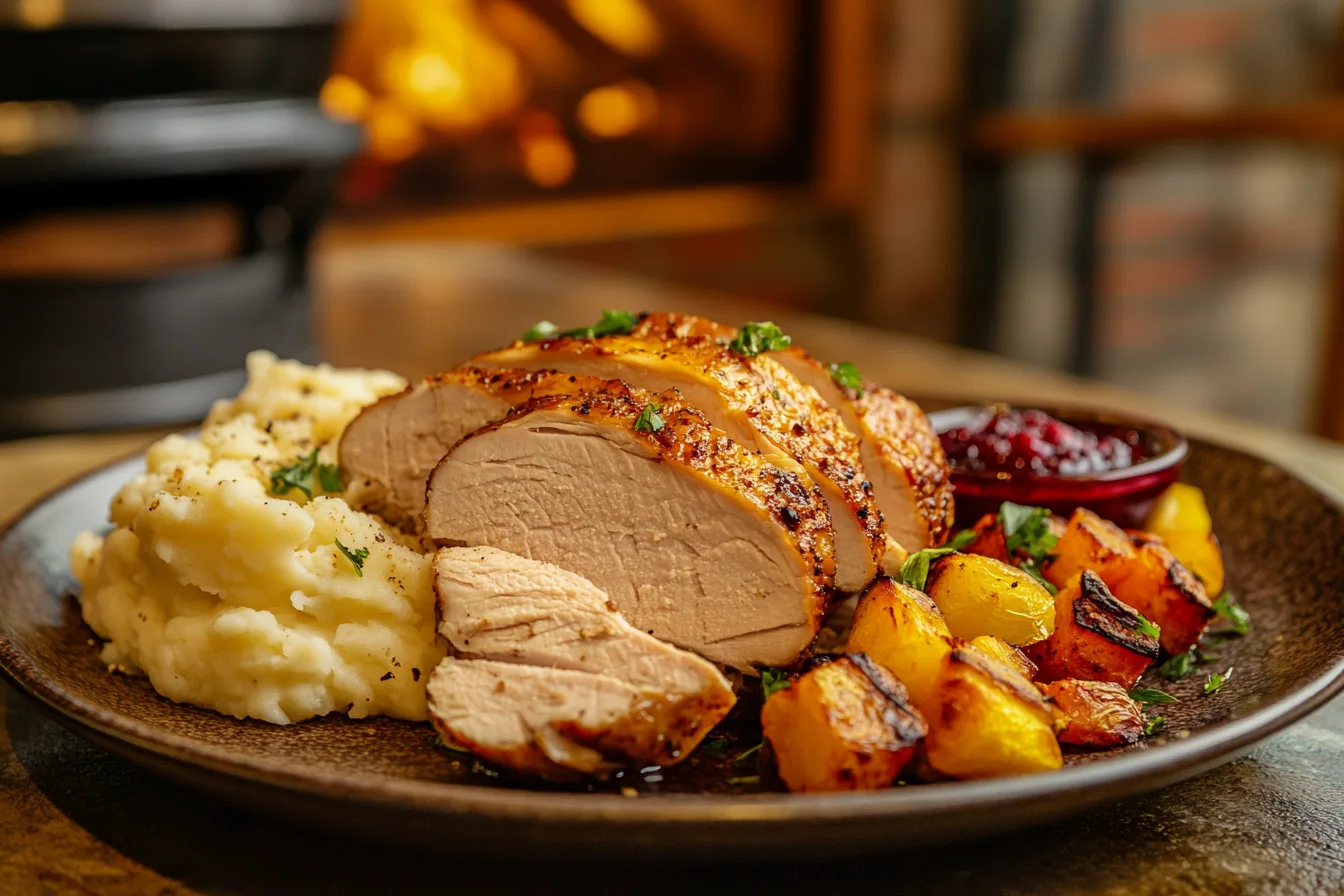 Sliced smoked turkey breast, golden brown with lightly crisped edges, served with mashed potatoes, roasted vegetables, and cranberry sauce on a rustic wooden table in a cozy kitchen setting, with a smoker faintly visible outside the window.