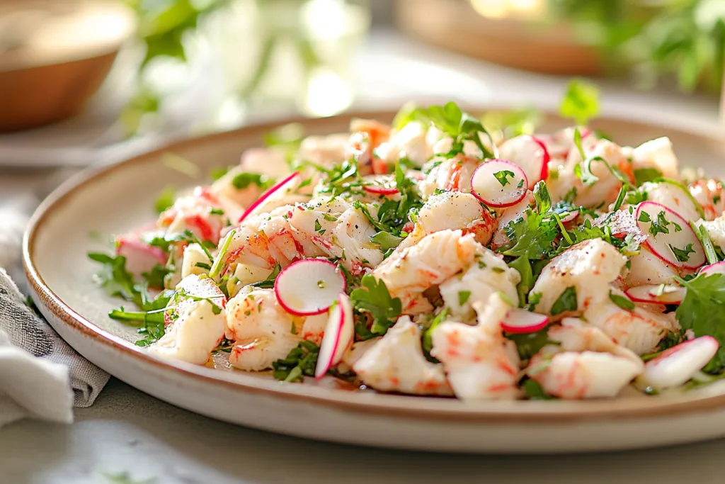 Spicy crab salad garnished with fresh herbs and thinly sliced radishes on a ceramic platter.