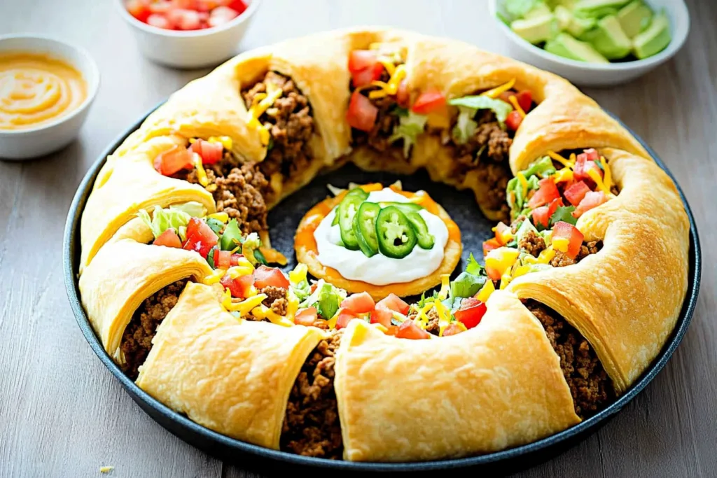 Golden-brown taco pie ring made with crescent rolls, filled with seasoned beef, melted cheese, and topped with fresh tomatoes, lettuce, and jalapeños, with a dollop of sour cream and jalapeños in the center.