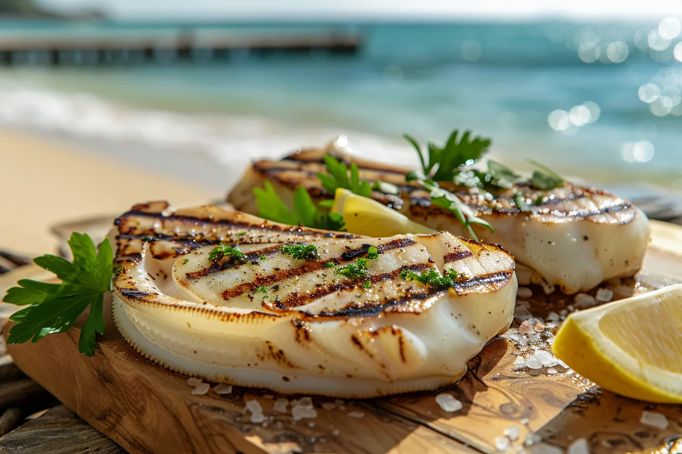 Two ivory-white calamari steaks with grill marks, garnished with parsley and lemon slices, displayed on a wooden board near a beach with waves and golden sand in the background