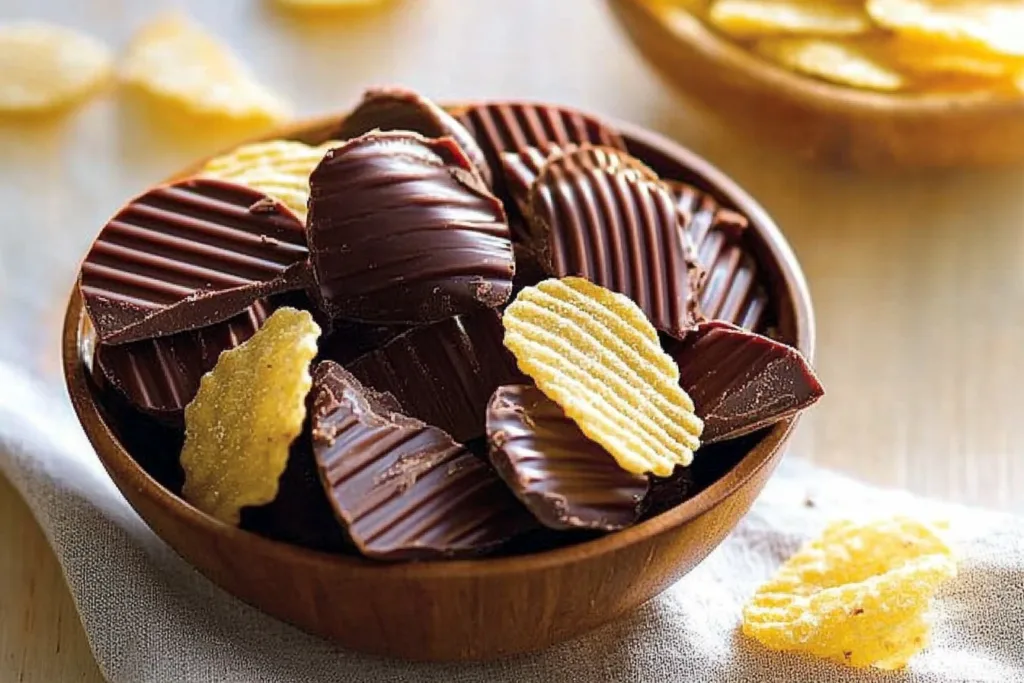 A wooden bowl filled with ridged potato chips coated in rich dark chocolate, with a few plain potato chips scattered around on a light-colored surface.