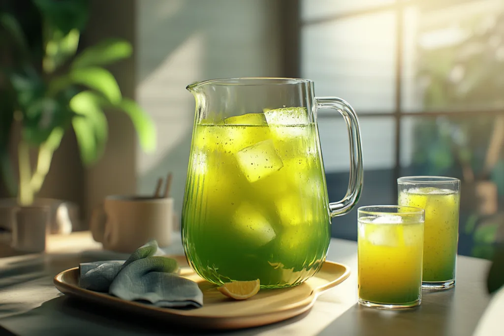 A half-full glass pitcher of calamansi juice with ice, served alongside two glasses in a bright, inviting kitchen setting.