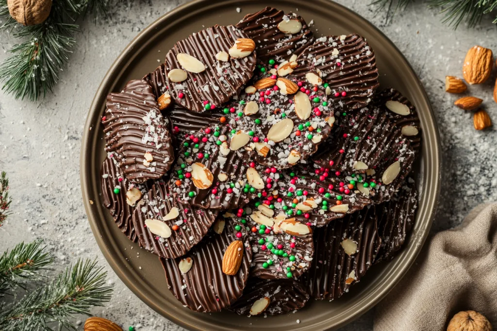 Chocolate-covered wavy ridged potato chips topped with almonds, colorful sprinkles, and sea salt on a ceramic platter.