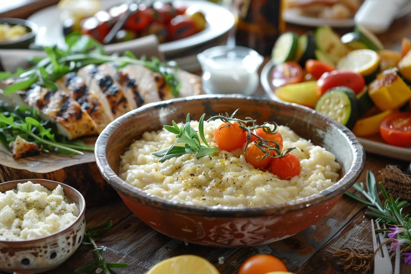 A rustic Italian dining table featuring creamy risotto with roasted cherry tomatoes, grilled zucchini, a fresh salad, and grilled chicken breast, capturing the essence of traditional Italian meal pairings.