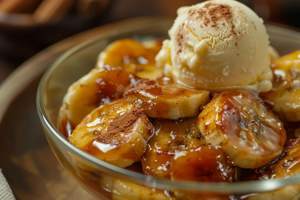 An overhead view of a classic Bananas Foster dessert served in a white bowl. The caramelized bananas glisten in a rich caramel sauce, topped with a single scoop of vanilla ice cream just beginning to melt.