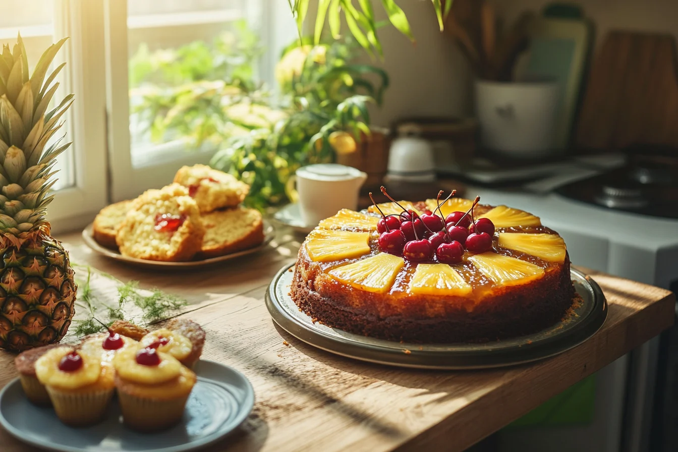 A freshly baked pineapple upside-down cake with caramelized pineapple and cherries, surrounded by pineapple muffins and a loaf of pineapple banana bread on a rustic kitchen table.