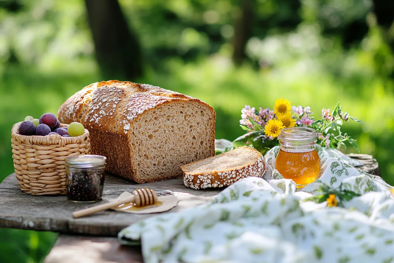 A slice of wheat berry bread served on a rustic wooden plate, placed on a picnic blanket with a background of grass and flowers. The plate also holds a small bowl of butter and a drizzle of honey, evoking a serene outdoor picnic vibe.