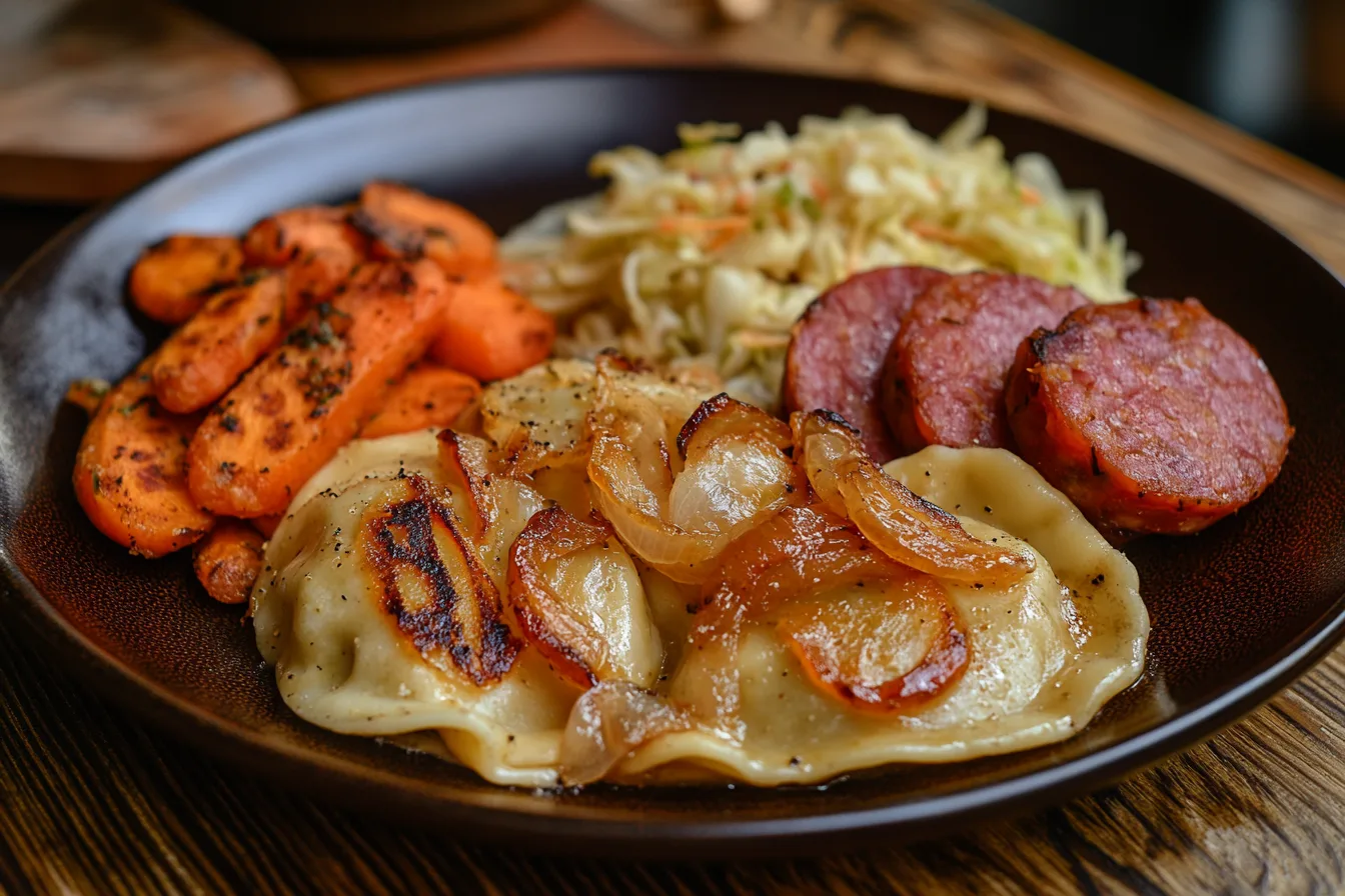 An overhead view of a steaming skillet filled with crispy pierogies and kielbasa slices garnished with caramelized onions, parsley, and a small bowl of sour cream on the side for dipping. The scene is set in a rustic kitchen environment with soft, natural lighting.