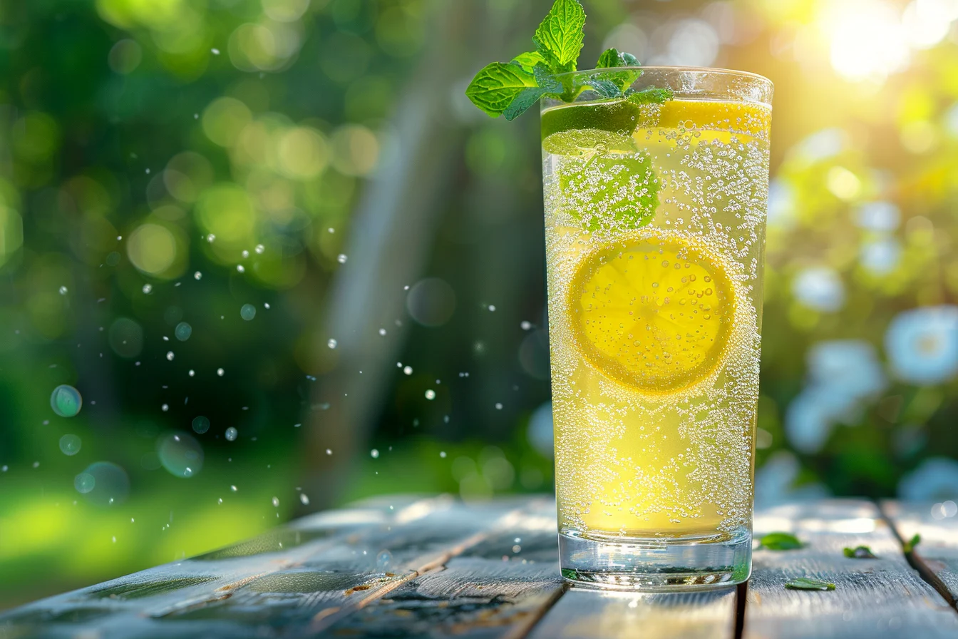 A close-up of calamansi juice in a transparent pitcher sitting on a rustic wooden table outdoors, surrounded by a breezy garden with sunlight streaming through the leaves.