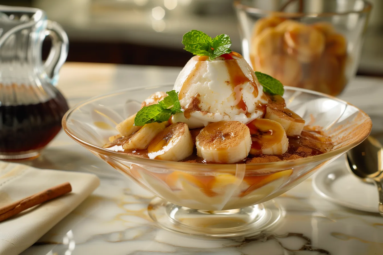 A close-up of Bananas Foster elegantly served in a glass bowl, set on a contemporary kitchen island with a polished marble surface. The glass bowl highlights the rich caramel sauce and perfectly caramelized bananas, topped with a melting scoop of vanilla ice cream and a light dusting of cinnamon.