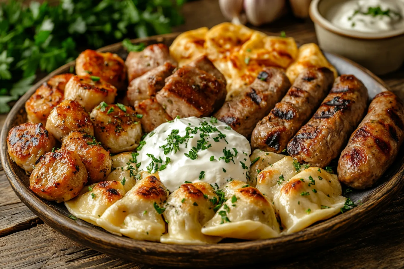 A plate of golden-brown perogies paired with grilled sausage, pulled beef, and roasted chicken, garnished with fresh herbs and sour cream