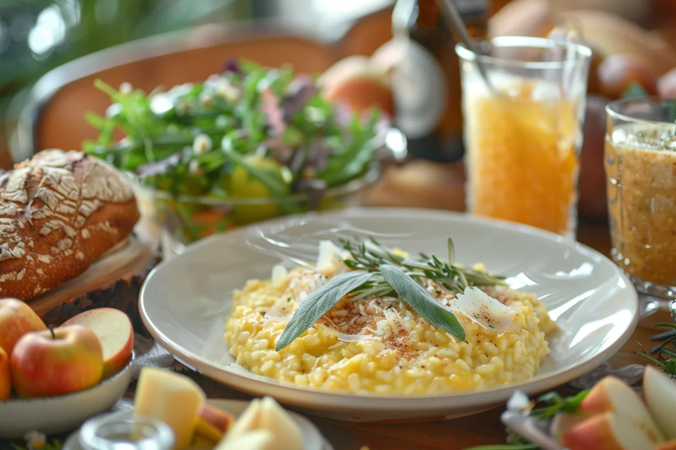 A close-up view of a shallow bowl filled with creamy pumpkin risotto, topped with fresh sage and a drizzle of olive oil, surrounded by small portions of roasted vegetables, a crisp arugula salad, and a crusty slice of artisan bread. A glass of orange and rosemary-infused sparkling water and a warm mug of spiced cider sit nearby, framed by autumn leaves and soft candlelight.