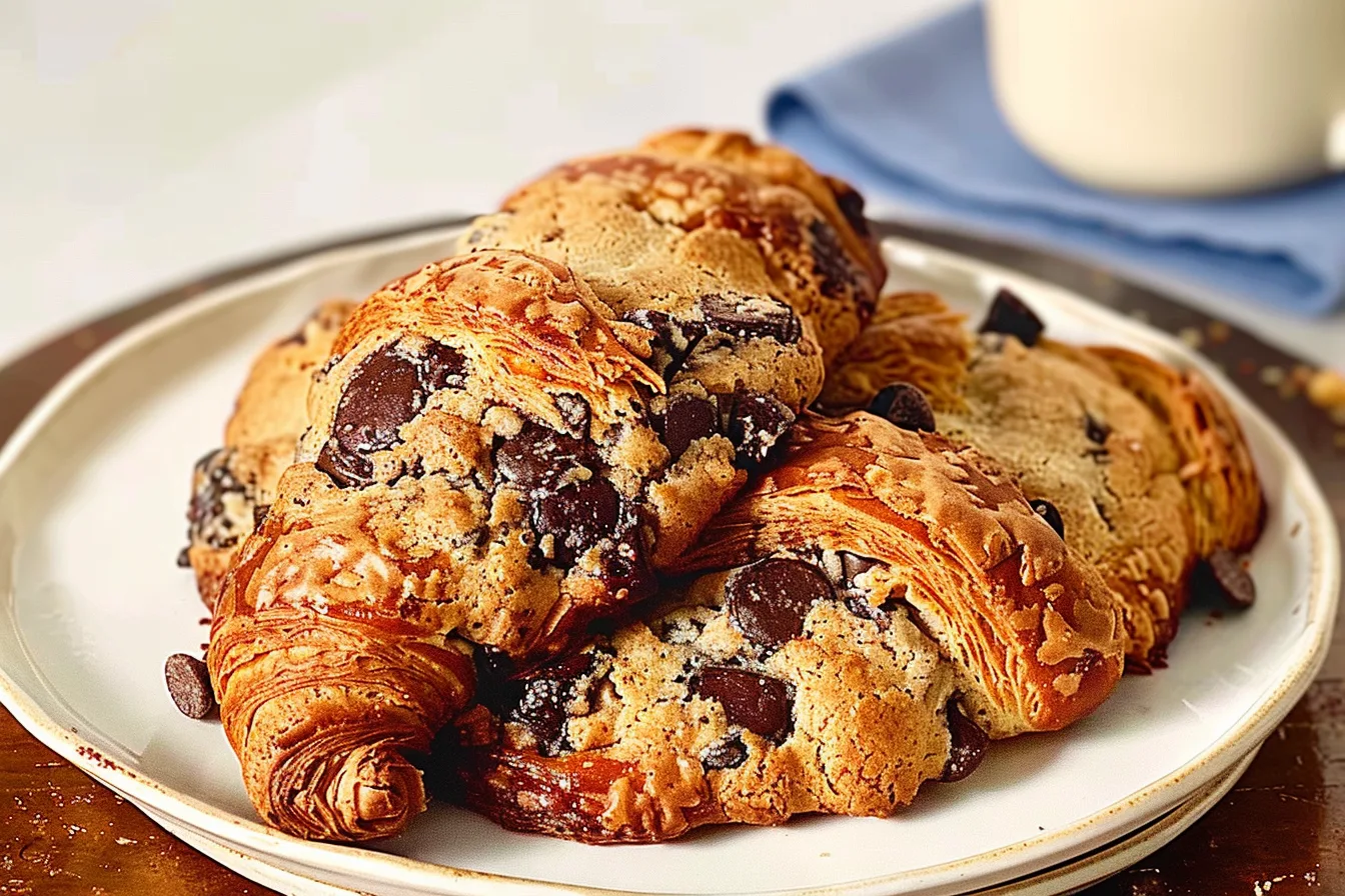 A whole crookie with a golden, flaky croissant base topped with chocolate chip cookie dough, placed on a rustic wooden plate with a steaming coffee cup in the background.