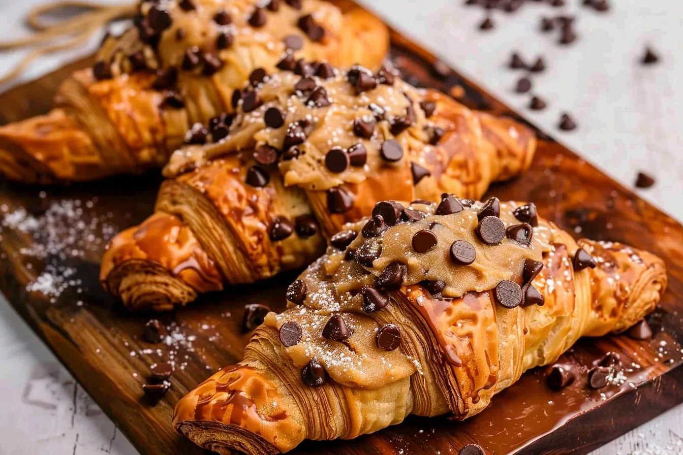 Golden flaky croissants topped with chocolate chip cookie dough, sprinkled with sea salt, on a rustic wooden board with scattered chocolate chips