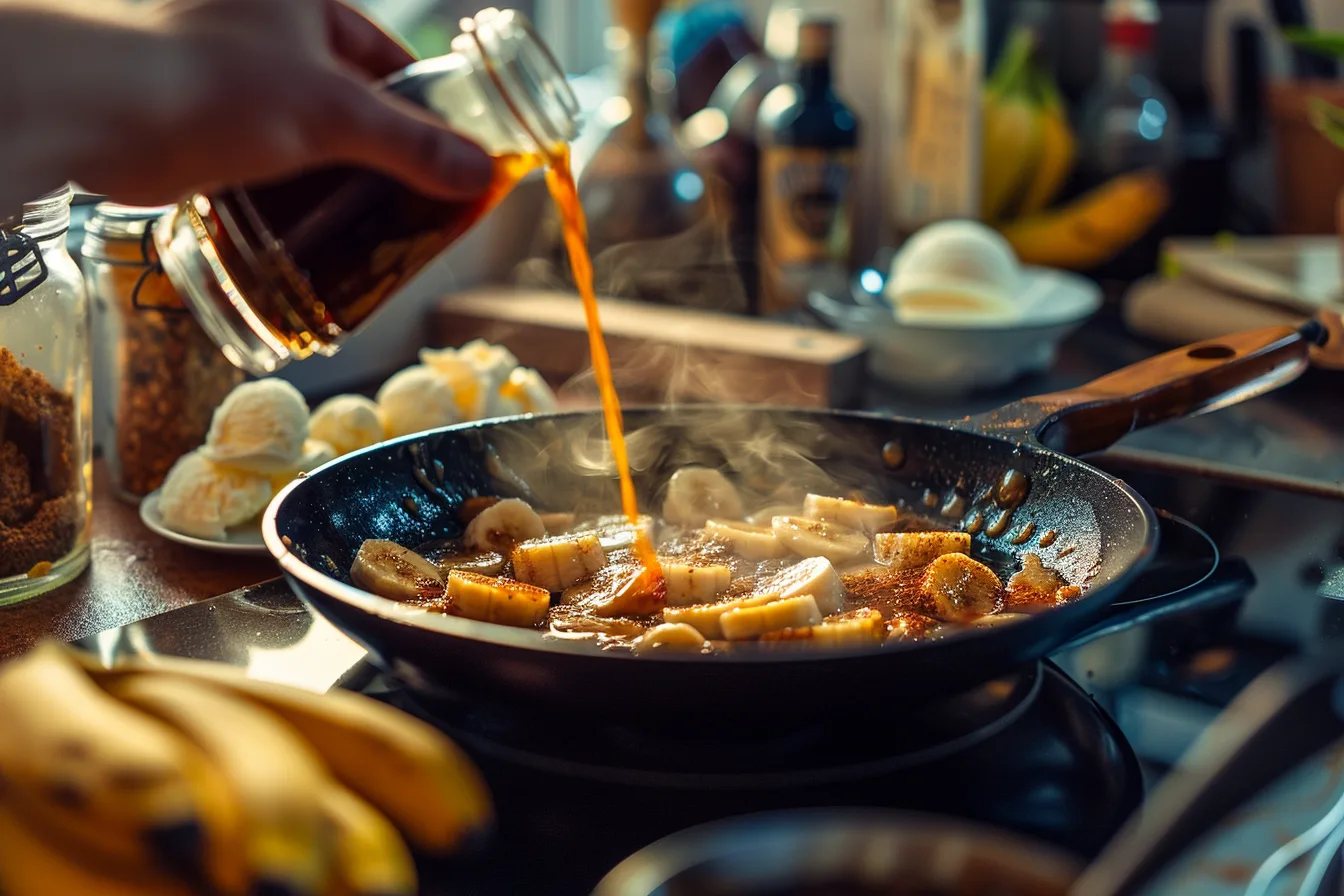 A realistic scene of Bananas Foster being flambéed in a skillet on a modern stovetop. The caramelized bananas glisten in the bubbling sauce as a dramatic flame rises from the pan. Surrounding the skillet are key ingredients, including butter, brown sugar, cinnamon, and ripe bananas, with scoops of vanilla ice cream and a dessert plate nearby, ready for serving. The sleek kitchen background adds a contemporary touch, enhancing the vibrant and mouthwatering visuals.