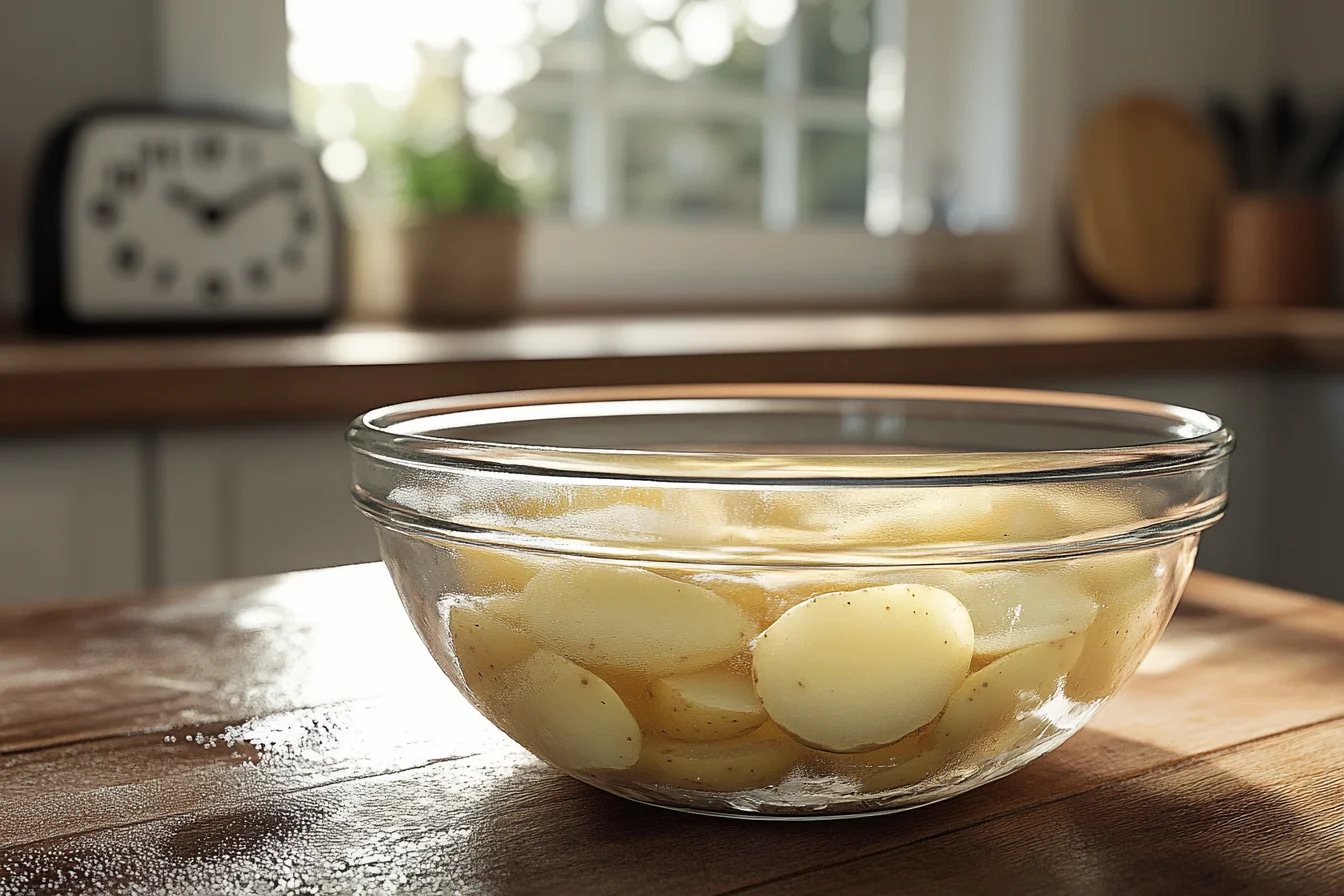 Realistic kitchen scene with cold water soaking cut potatoes in a glass bowl on a wooden countertop