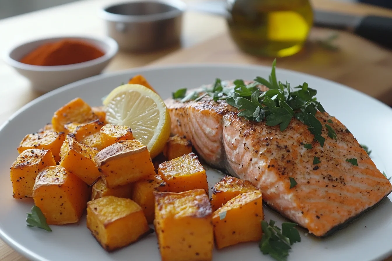 A close-up of the salmon sweet potato meal arranged on a rustic wooden table. The salmon is flaky and perfectly cooked, resting on a bed of roasted sweet potatoes, with additional vegetables like green beans or asparagus on the side. A drizzle of lemon-tahini sauce adds a glossy finish.