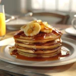 A single plate of bananas foster pancakes served on a bright white breakfast table, topped with caramelized bananas and a drizzle of caramel sauce. The background features a close-up of an elegant coffee mug and a half-filled orange juice glass, with subtle rays of morning light adding warmth and depth to the scene.