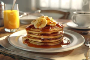 A single plate of bananas foster pancakes served on a bright white breakfast table, topped with caramelized bananas and a drizzle of caramel sauce. The background features a close-up of an elegant coffee mug and a half-filled orange juice glass, with subtle rays of morning light adding warmth and depth to the scene.