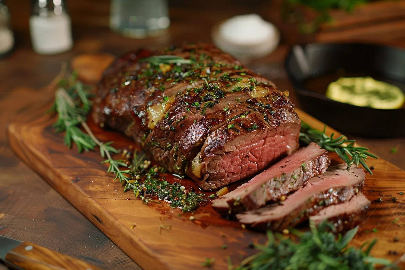 A close-up of a sliced beef chuck eye steak on a wooden cutting board, showcasing its juicy medium-rare center. The steak is surrounded by small bowls of seasonings, fresh rosemary, and a small dish of herb butter, with warm kitchen lighting that enhances the steak’s golden crust and vibrant colors.