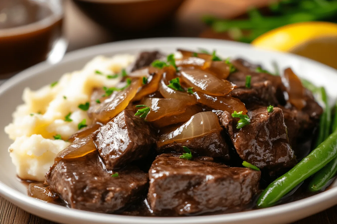 A plate of tender beef liver slices topped with golden caramelized onions, served with creamy mashed potatoes and sautéed green beans, garnished with fresh parsley. The dish is presented on a rustic wooden table with minimal props, creating a warm and inviting atmosphere.