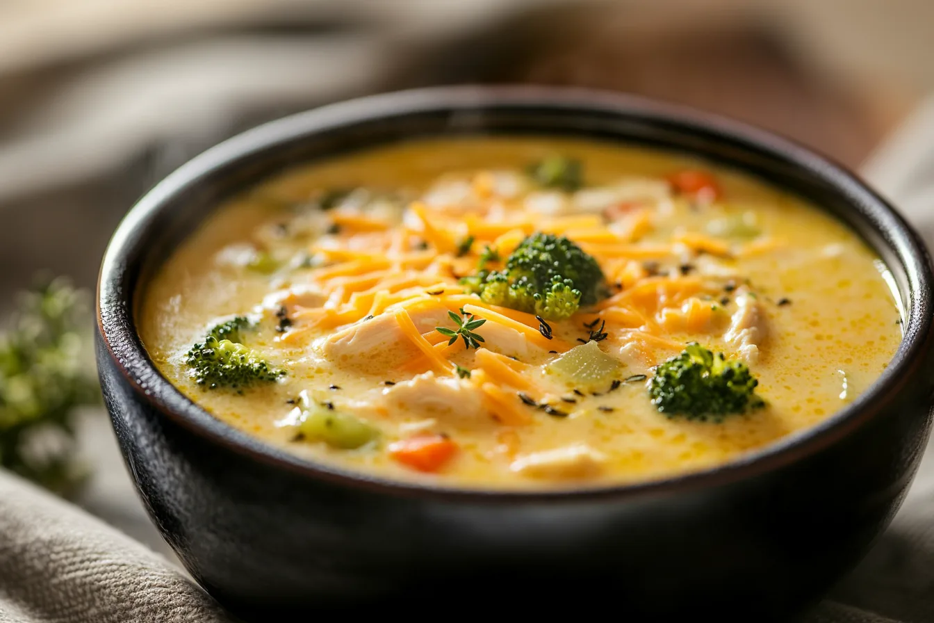 A ladle lifting a portion of the soup, showcasing the creamy texture, tender chicken, bright broccoli, melted cheddar, and diced onions, carrots, and celery all incorporated into the rich broth, set against a warm, inviting kitchen backdrop.