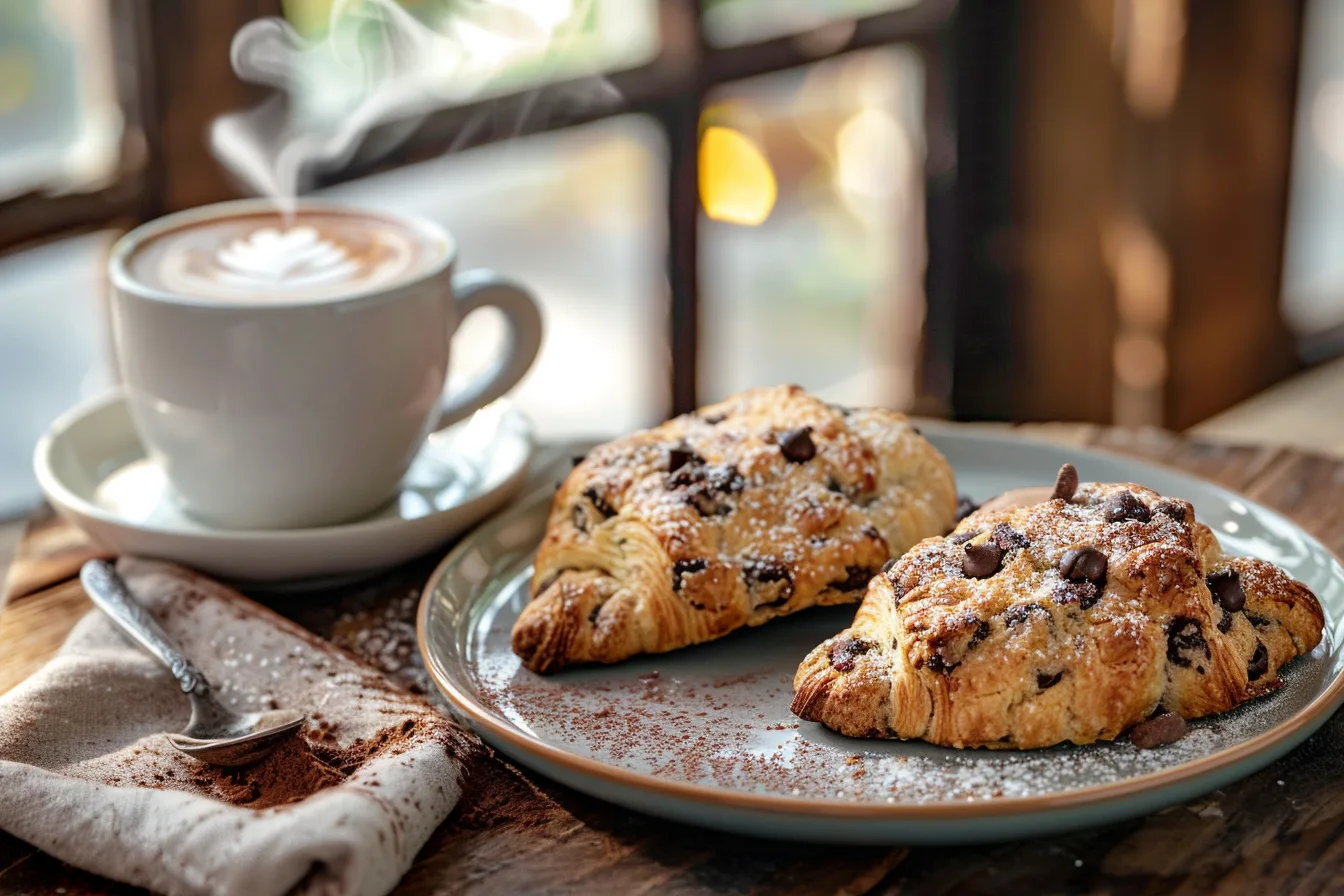 An angled shot of a breakfast setup featuring two crookies stacked on a small plate, alongside a cappuccino in a minimalist mug. The backdrop includes a neutral tablecloth and the soft glow of natural morning light, creating a warm, comforting atmosphere