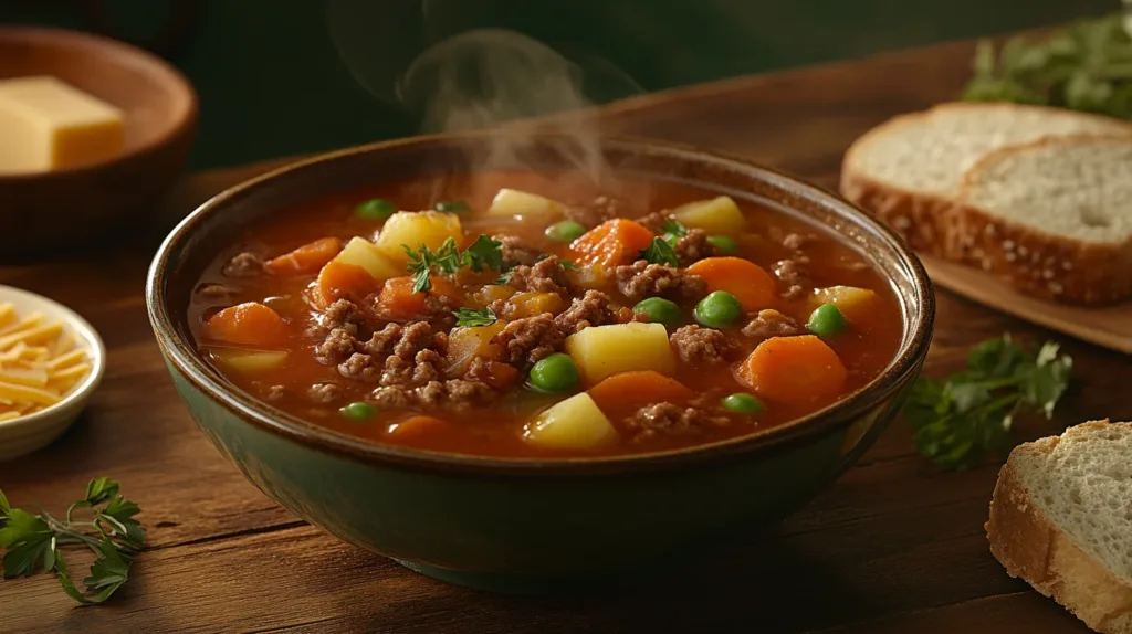 A steaming bowl of homemade hamburger soup with ground beef, carrots, potatoes, peas, and a rich tomato-based broth, garnished with fresh parsley. Served with slices of rustic bread and cheese on a wooden table.