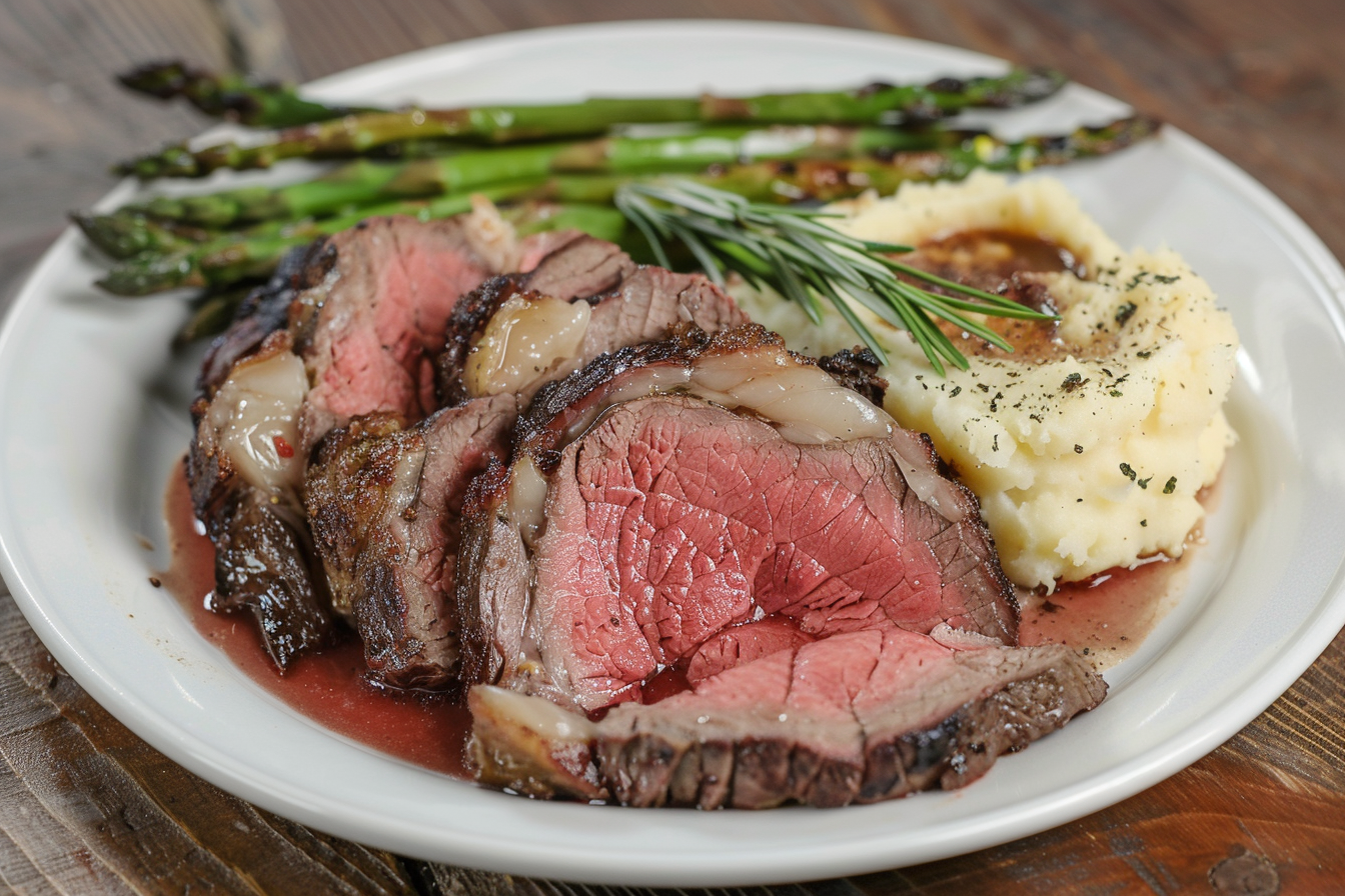 A plated beef chuck eye steak sliced into juicy, tender pieces, displayed alongside creamy mashed potatoes and roasted asparagus. The steak glistens with juices, while a sprig of rosemary adds a fresh, aromatic touch. The wooden table background gives a cozy, inviting feel, matching the rustic presentation.